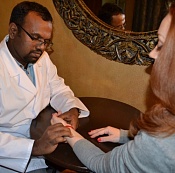 Marma therapist, doctor of ayurveda Neel venugopal receives patients in the Kerala center